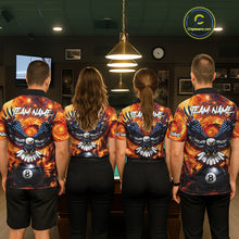 Load image into Gallery viewer, Billiard team wearing matching custom fire flame red 8 ball US flag eagle jerseys back vi