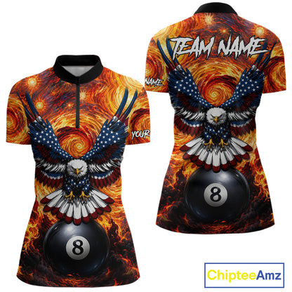 Custom fire flame red 8 ball US flag eagle billiard quarter zip shirt for women, personalized pool team jersey and league apparel.