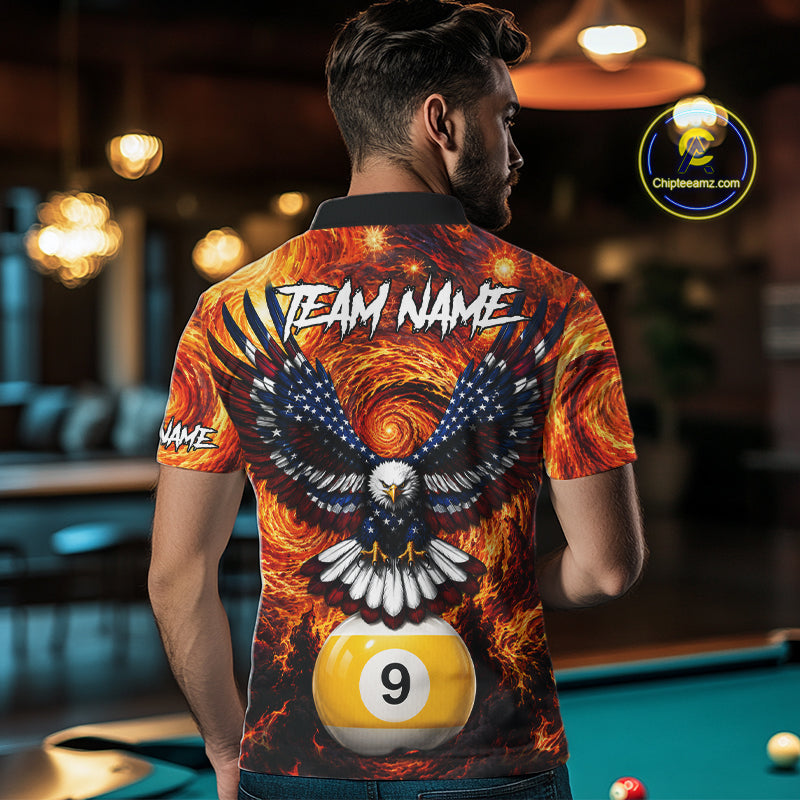 Man wearing custom fire flame red 9 ball US flag eagle billiard polo shirt back view.