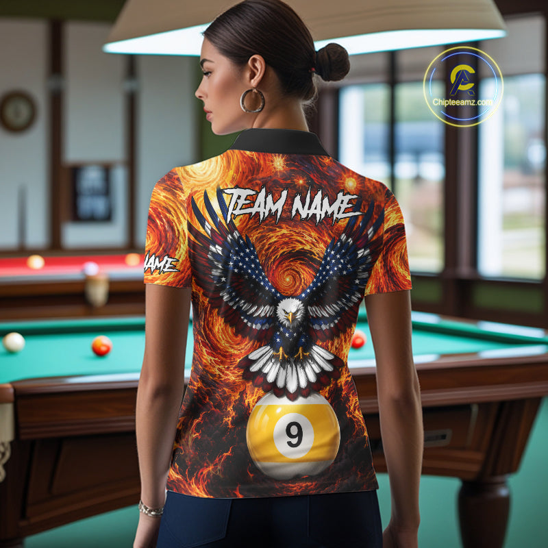 Woman wearing custom fire flame red 9 ball US flag eagle billiard polo shirt back view.