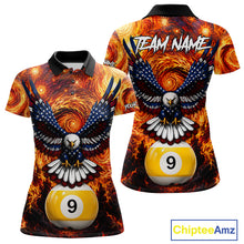 Load image into Gallery viewer, Custom fire flame red 9 ball US flag eagle billiard pool team jersey polo shirt for women, personalized billiard league apparel and tournament jersey.