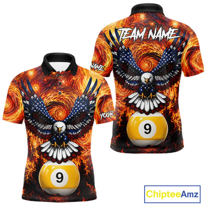 Custom fire flame red 9 ball US flag eagle billiard pool team jersey polo shirt for men, personalized billiard league apparel.