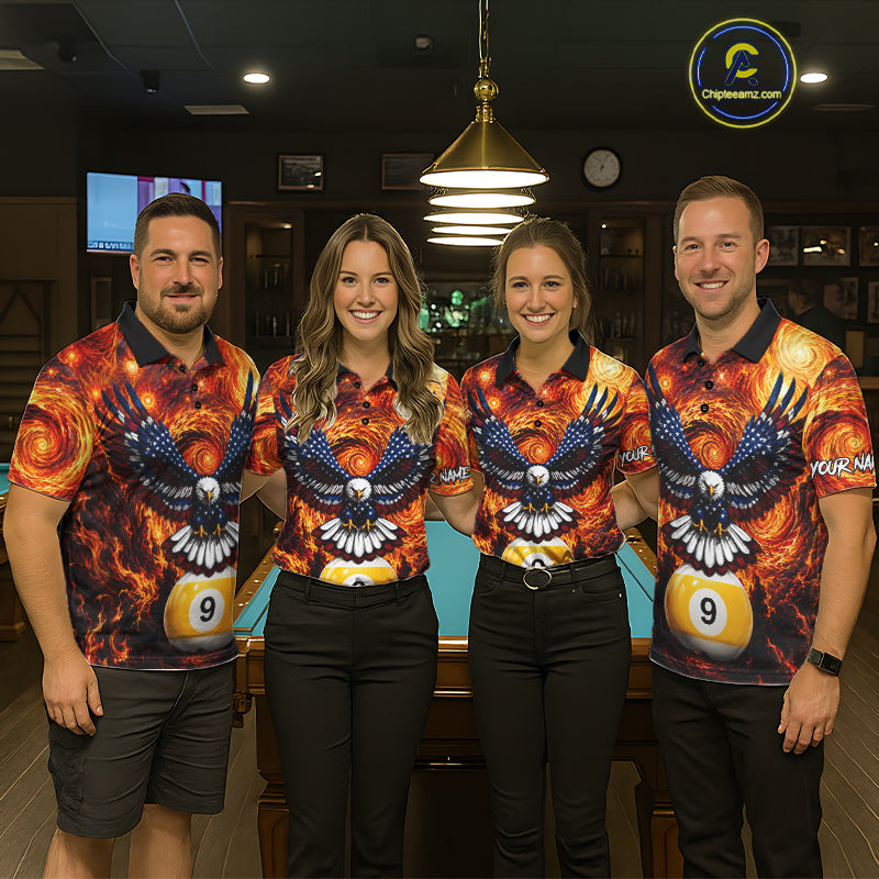 Billiard team wearing matching custom fire flame red 9 ball US flag eagle jerseys front view.