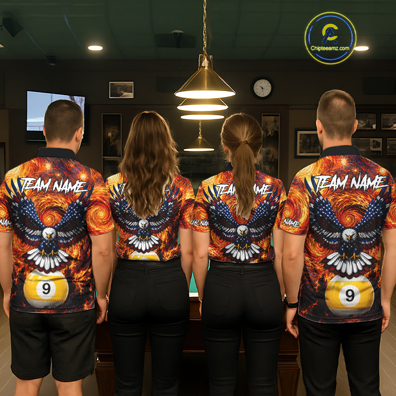 Billiard team wearing matching custom fire flame red 9 ball US flag eagle jerseys back view.