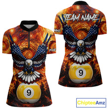 Load image into Gallery viewer, Custom fire flame red 9 ball US flag eagle billiard quarter zip shirt for women, personalized pool team jersey and league apparel.