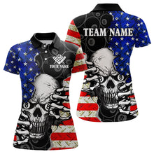 Load image into Gallery viewer, Personalized American Flag Menacing Skull Billiard Shirts For Women, Patriotic 8 Ball Billiard Jersey TDM3124