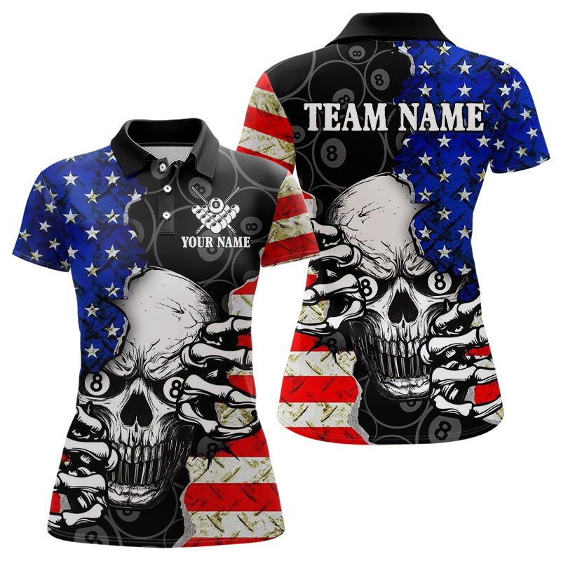 Personalized American Flag Menacing Skull Billiard Shirts For Women, Patriotic 8 Ball Billiard Jersey TDM3124