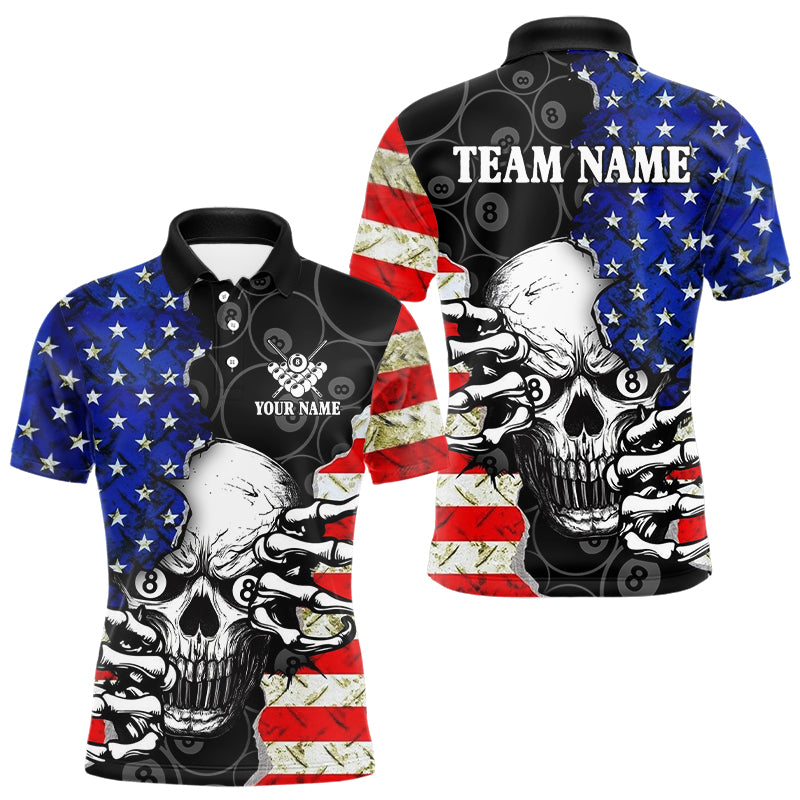 Personalized American Flag Menacing Skull Billiard Shirts For Men, Patriotic 8 Ball Billiard Jersey TDM3124