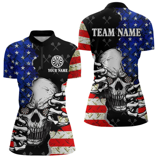 Personalized American Flag Skull Dart Shirts For Women, Patriotic Cool Dart Team Jerseys TDM3125