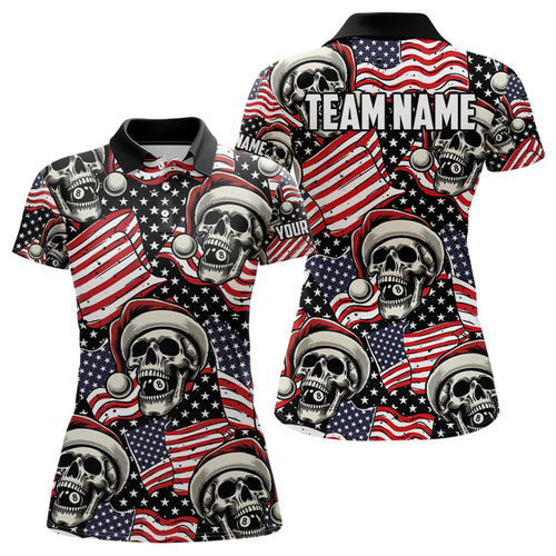 American Flag Santa Skull Custom Christmas Billiard Shirts For Women, Patriotic Xmas Billiard Jersey TDM3127