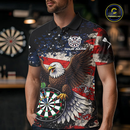 Grunge American Flag Eagle Darts Shirt For Men Custom Patriotic Darts Team Jersey Polo & 1/4 Zip TDM6002