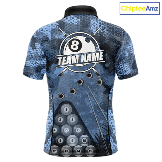 Blue Camo 8 Ball Billiard Shirt For Men Custom Pool Team Shirt, Billiard Jersey Polo & 1/4 Zip TDM6008