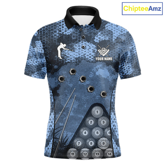 Blue Camo 8 Ball Billiard Shirt For Men Custom Pool Team Shirt, Billiard Jersey Polo & 1/4 Zip TDM6008