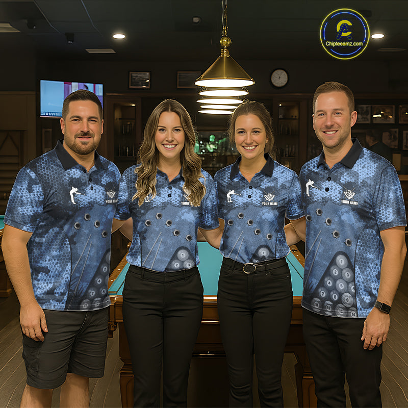 Blue Camo 8 Ball Billiard Shirt For Men Custom Pool Team Shirt, Billiard Jersey Polo & 1/4 Zip TDM6008