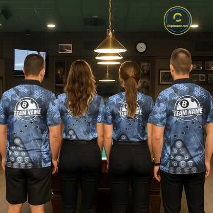 Blue Camo 8 Ball Billiard Shirt For Men Custom Pool Team Shirt, Billiard Jersey Polo & 1/4 Zip TDM6008