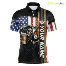 Load image into Gallery viewer, Grim Reaper With Beer Custom 8 Ball Billiard Shirt For Men, US Flag Pool Team Jersey Polo, 1/4 Zip TDM6247