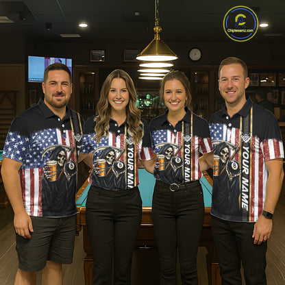 Grim Reaper With Beer Custom 8 Ball Billiard Shirt For Men, US Flag Pool Team Jersey Polo, 1/4 Zip TDM6247
