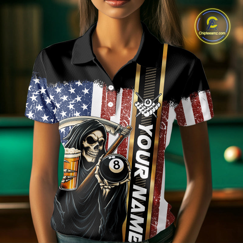 Grim Reaper With Beer Custom 8 Ball Billiard Shirt For Women, US Flag Pool Team Jersey Polo, 1/4 Zip TDM6247