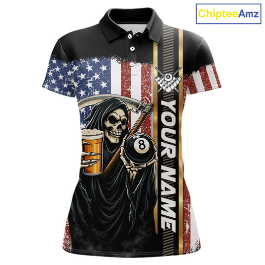 Grim Reaper With Beer Custom 8 Ball Billiard Shirt For Women, US Flag Pool Team Jersey Polo, 1/4 Zip TDM6247