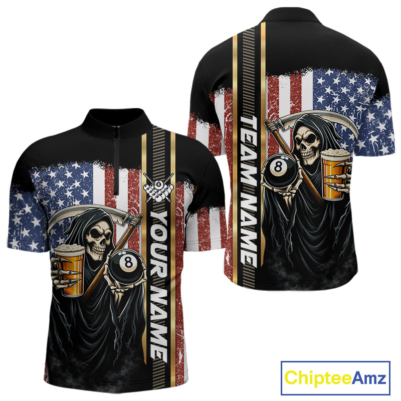 Grim Reaper With Beer Custom 8 Ball Billiard Shirt For Men, US Flag Pool Team Jersey Polo, 1/4 Zip TDM6247