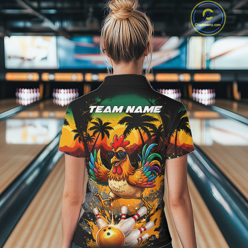 Funny Chicken Sunset Tropical Bowling Jersey For Women Custom Bowling Team Shirts Polo & 1/4 Zip TDM6458