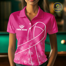 Load image into Gallery viewer, Woman wearing a pink ribbon billiard shirt during pool league play front view.