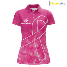 Load image into Gallery viewer, Pink ribbon 8 ball billiard polo shirt for women with breast cancer awareness themed league graphics.