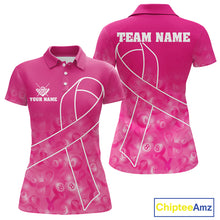 Load image into Gallery viewer, Pink ribbon pool shirt for women with 8 ball design and awareness inspired team style.