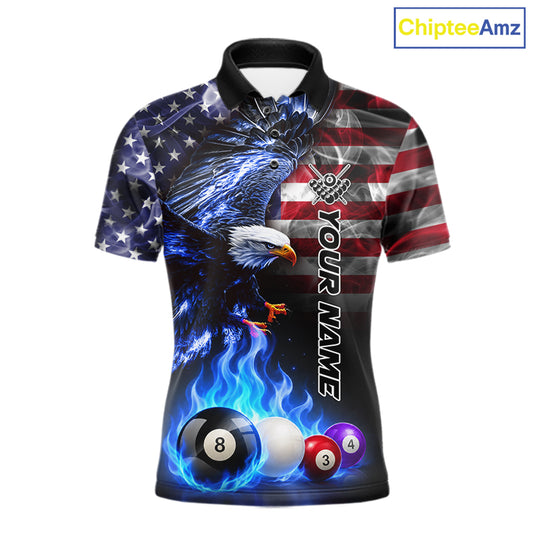 Blue flame American flag eagle billiard polo shirt for men with bold league and team graphics.