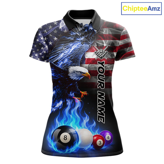 Blue flame American flag eagle billiard polo shirt for women with bold league and team graphics.