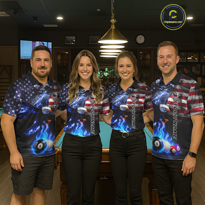 Pool team wearing matching blue flame billiard shirts during tournament matches front view.