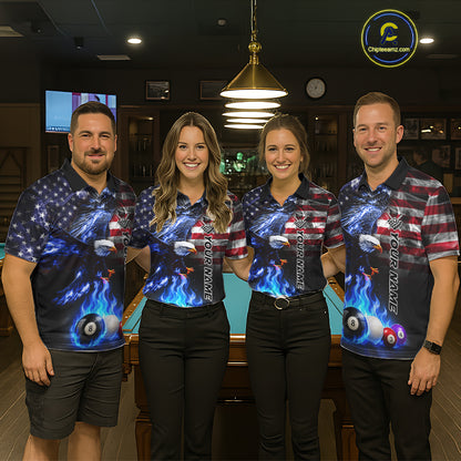 Pool team wearing matching blue flame billiard shirts during tournament matches front view.
