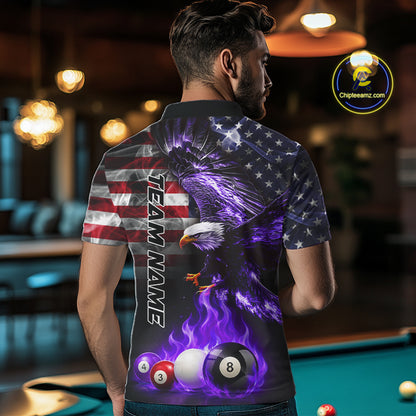 Back view of man wearing an American flag billiard jersey in a billiards room.