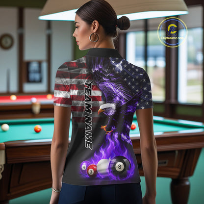 Back view of woman wearing an American flag billiard jersey in a billiards room.