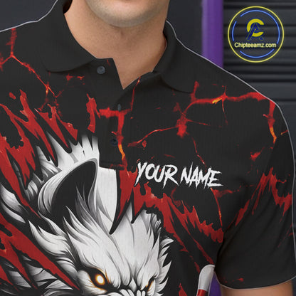 Close-up of black and red custom wolf bowling team jersey polo shirt featuring collar, buttons and wolf artwork.