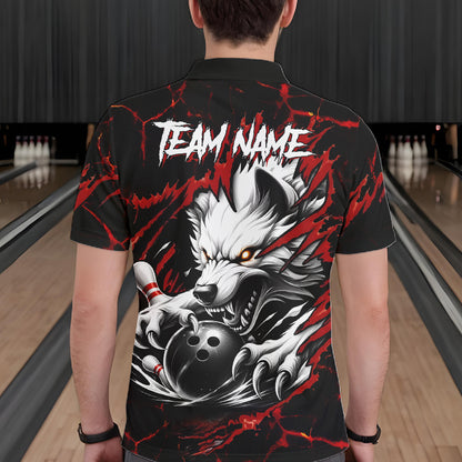 Man wearing black and red custom wolf bowling team jersey polo shirt featuring wolf artwork, back view.