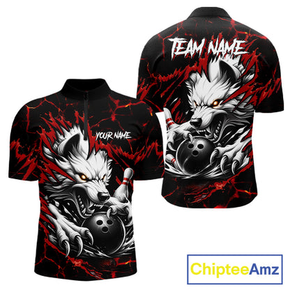 Black and red custom wolf bowling team jersey quarter zip shirt for men featuring bold wolf artwork, premium custom bowling apparel.