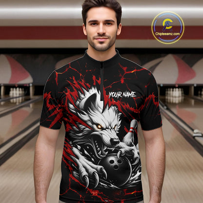 Man wearing black and red custom wolf bowling team jersey quarter zip shirt featuring wolf artwork, front view.