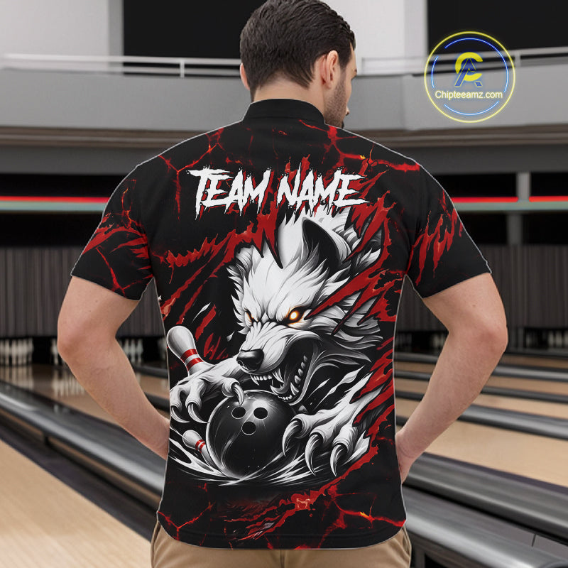 Man wearing black and red custom wolf bowling team jersey quarter zip shirt featuring wolf artwork, back view.