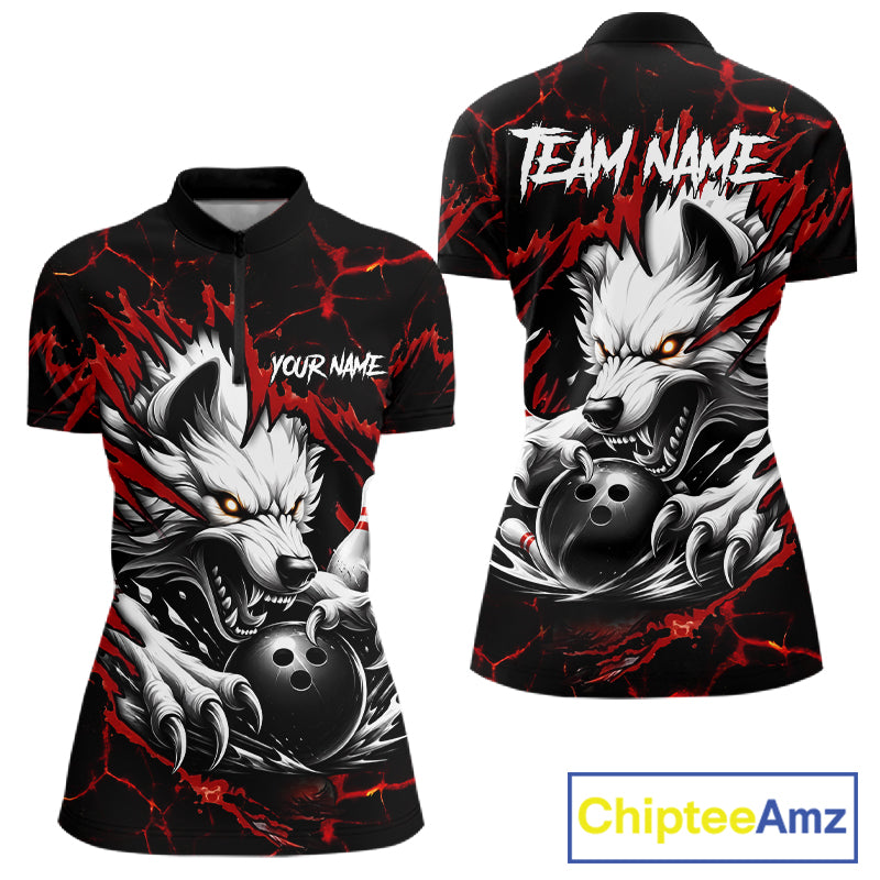Black and red custom wolf bowling team jersey quarter zip shirt for women featuring bold wolf artwork, premium custom bowling apparel.