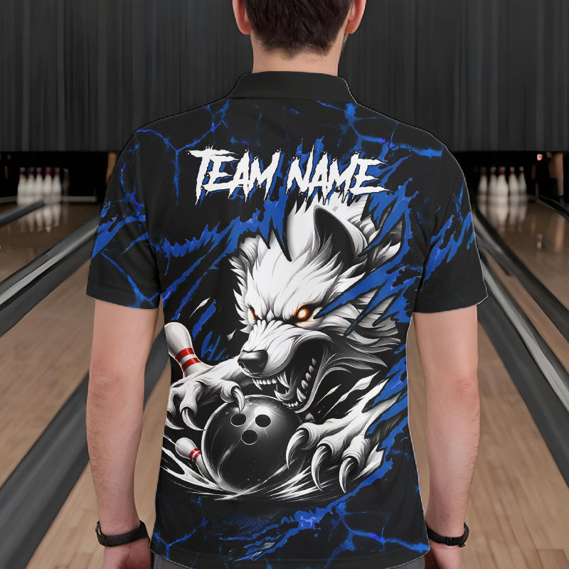 Man wearing black and blue custom wolf bowling team jersey polo shirt featuring wolf artwork, back view.