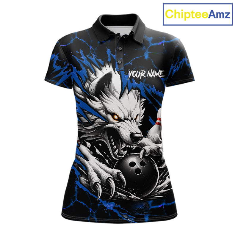 Black and blue custom wolf bowling team jersey polo shirt for women featuring a fierce wolf design, premium personalized bowling league apparel for tournaments and team play.
