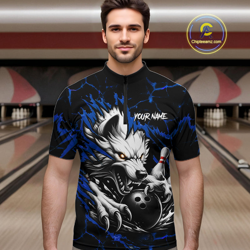 Man wearing black and blue custom wolf bowling team jersey quarter zip shirt featuring wolf artwork, front view.