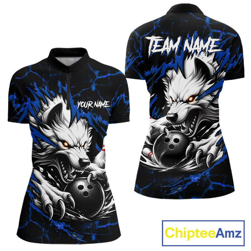 Black and blue custom wolf bowling team jersey quarter zip shirt for women featuring bold wolf artwork, premium custom bowling apparel.