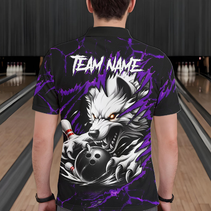 Man wearing black and purple custom wolf bowling team jersey polo shirt featuring wolf artwork, back view.