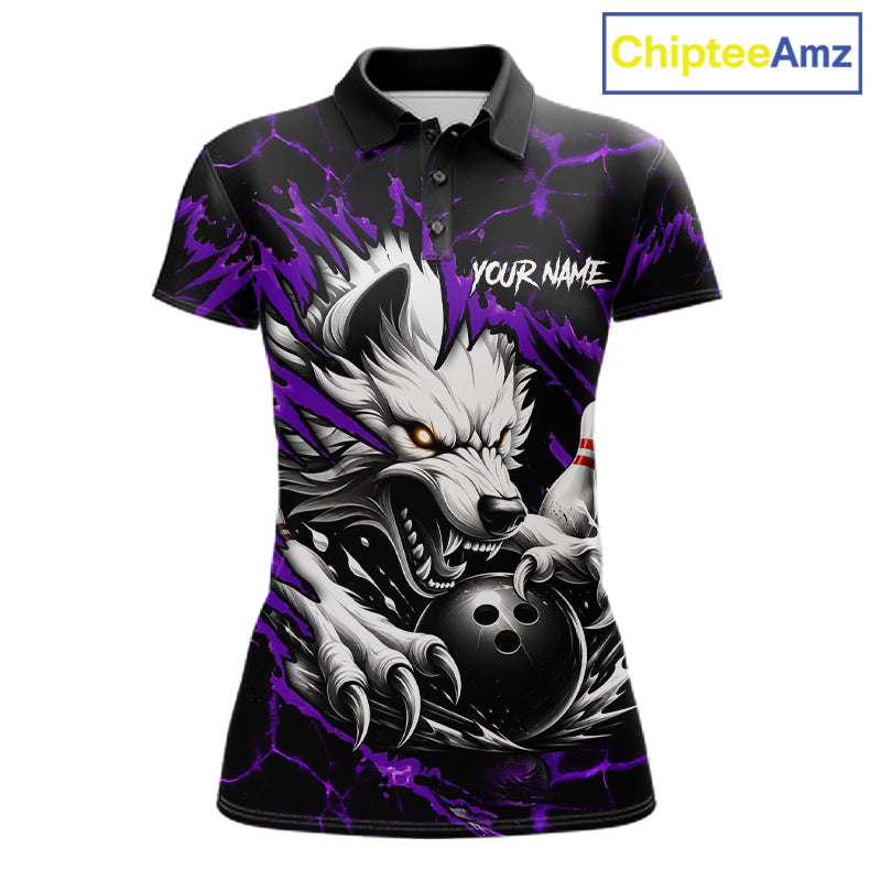 Black and purple custom wolf bowling team jersey polo shirt for women featuring a fierce wolf design, premium personalized bowling league apparel for tournaments and team play.