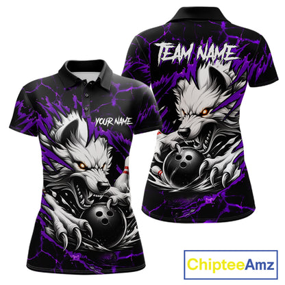 Black and purple custom wolf bowling team jersey polo shirt for women featuring a fierce wolf design, premium personalized bowling league apparel for tournaments and team play.