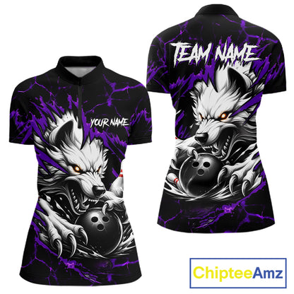 Black and purple custom wolf bowling team jersey quarter zip shirt for women featuring bold wolf artwork, premium custom bowling apparel.