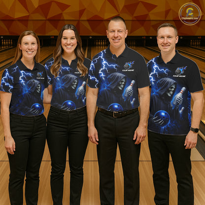 Blue Grim Reaper Bowling Shirt For Men Custom Lightning Team League Bowling Jersey Polo & 1/4 Zip TDM5854