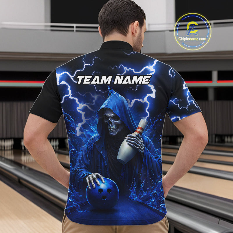 Blue Grim Reaper Bowling Shirt For Men Custom Lightning Team League Bowling Jersey Polo & 1/4 Zip TDM5854